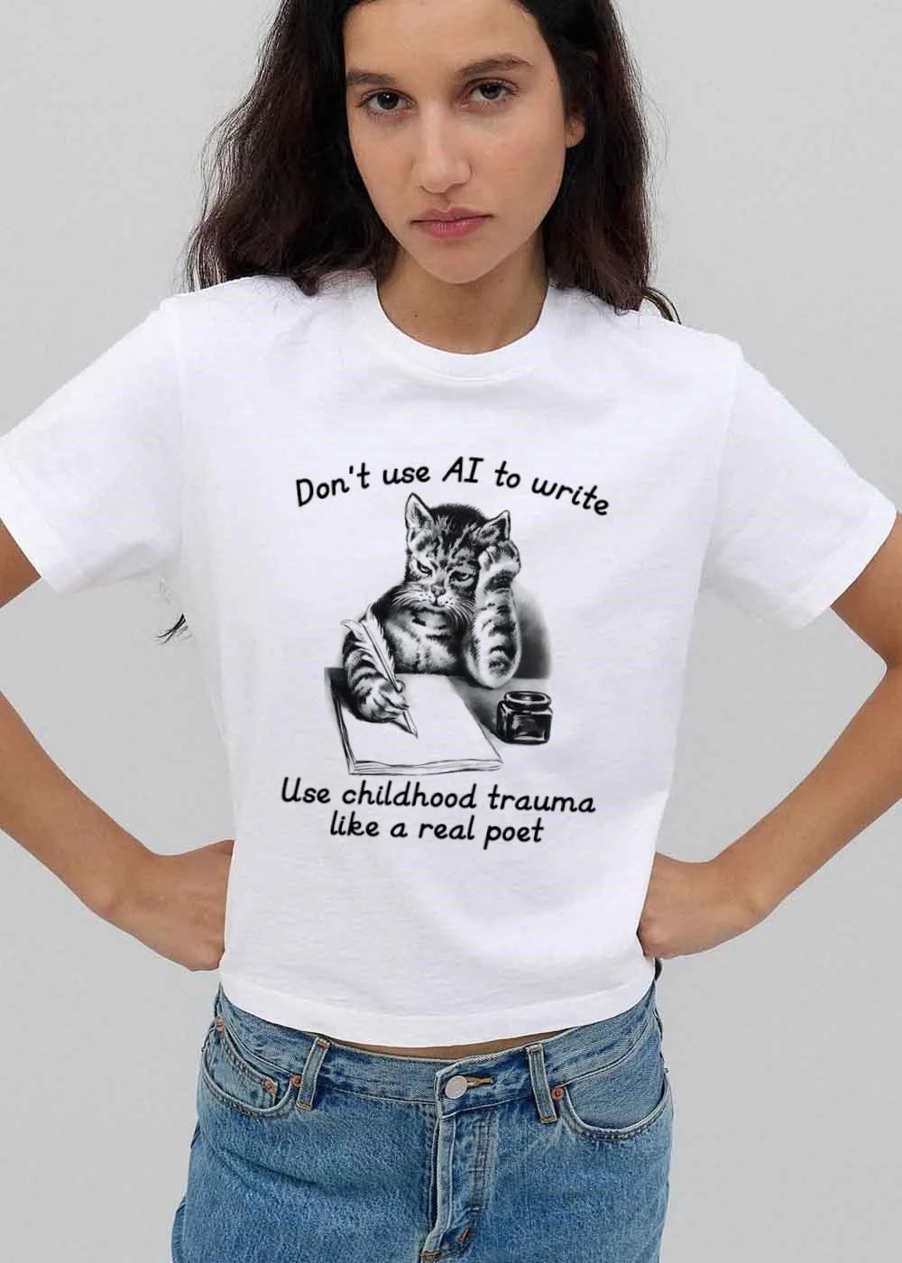 Dont Use Ai To Write Childhood Trauma Like A Real Poet Cat Writing Quill Inkwell Sketch shirt