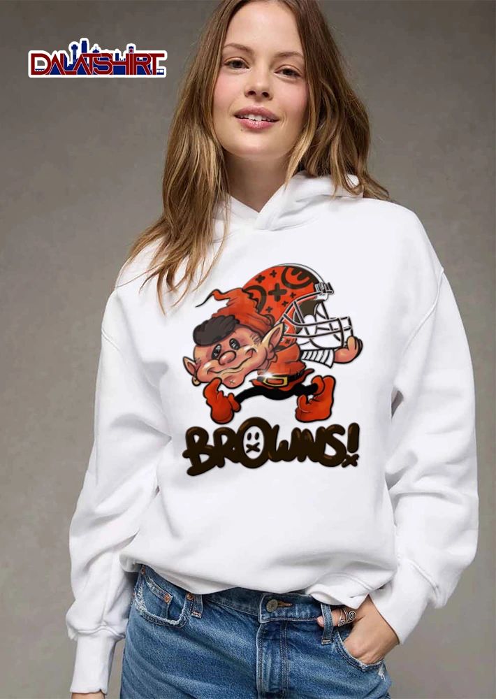Cleveland Browns elf mascot holding football helmet shirt
