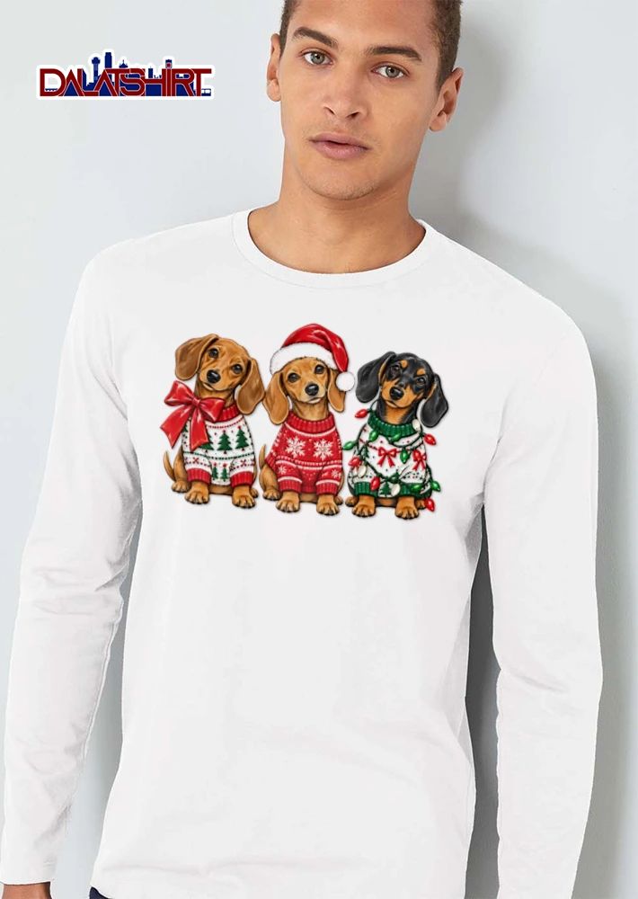 Christmas three dachshunds wearing Christmas sweaters shirt