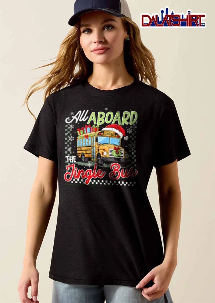 All Aboard The Jingle Bus yellow school bus Santa hat gifts wreath snowflakes shirt