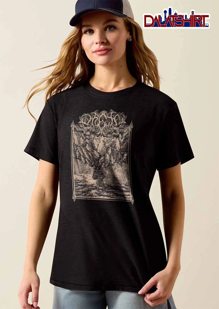 Oranssi Pazuzu figure carrying large rock landscape shirt