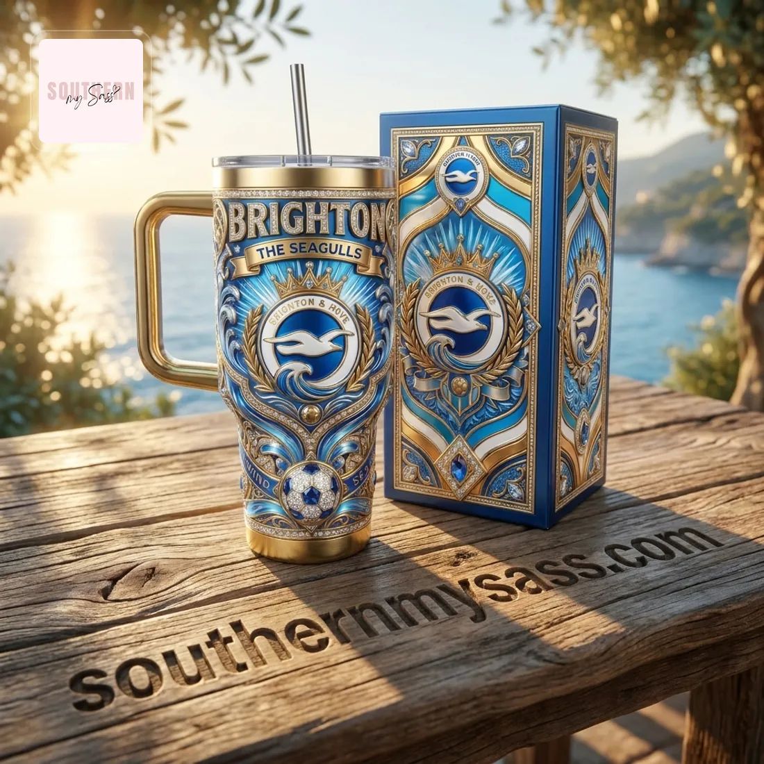 Brighton & Hove Albion FC 40oz Insulated Premium Gold & Blue Design Tumbler With Handle