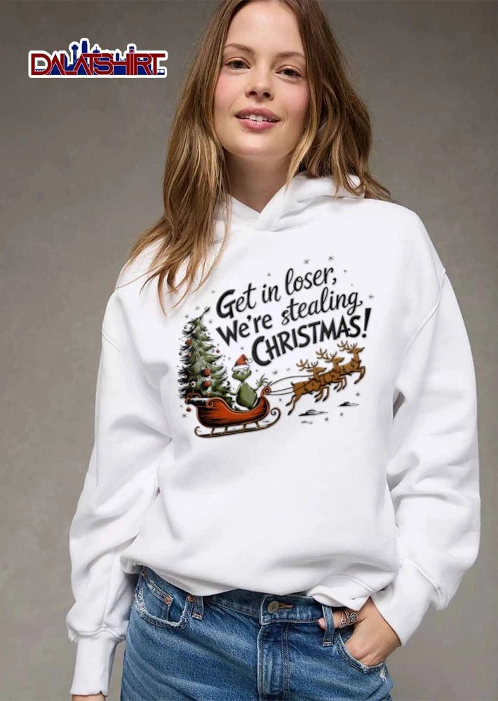 Get In Loser We Are Stealing Christmas green creature driving sleigh reindeer shirt
