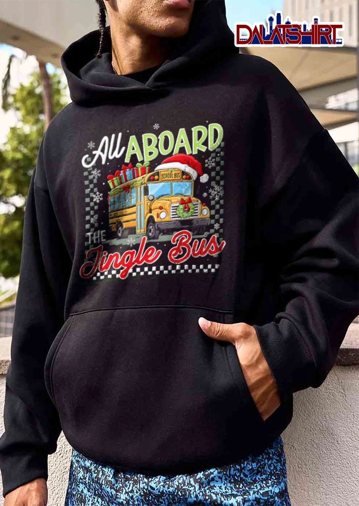 All Aboard The Jingle Bus yellow school bus Santa hat gifts wreath snowflakes shirt