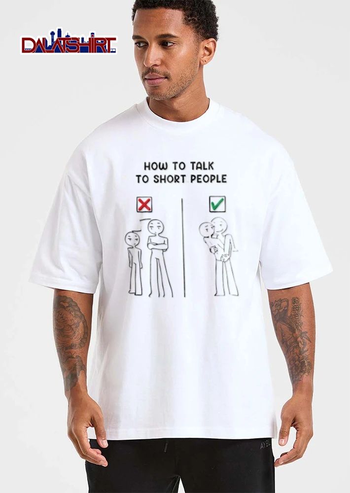 How To Talk To Short People stick figures comparing heights lifting shirt