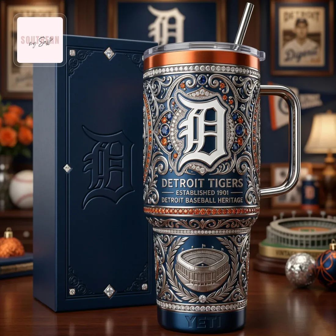 Detroit Tigers Established 1901 Luxury Ornate 40oz Tumbler with Handle