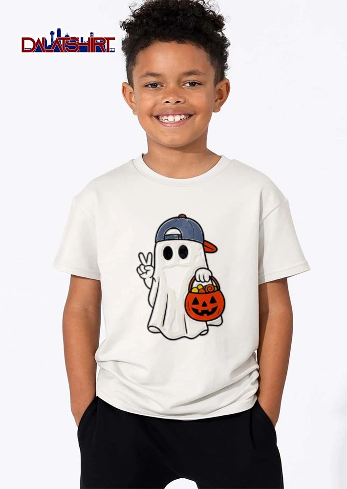Ghost wearing cap peace sign pumpkin bucket shirt