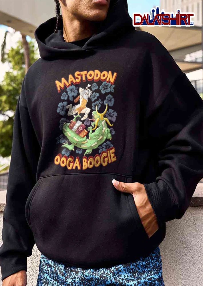 Mastodon Ooga Boogie caveman fighting green monster hibiscus shirt