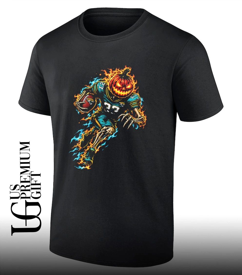 Fiery skeleton pumpkin head running football shirt