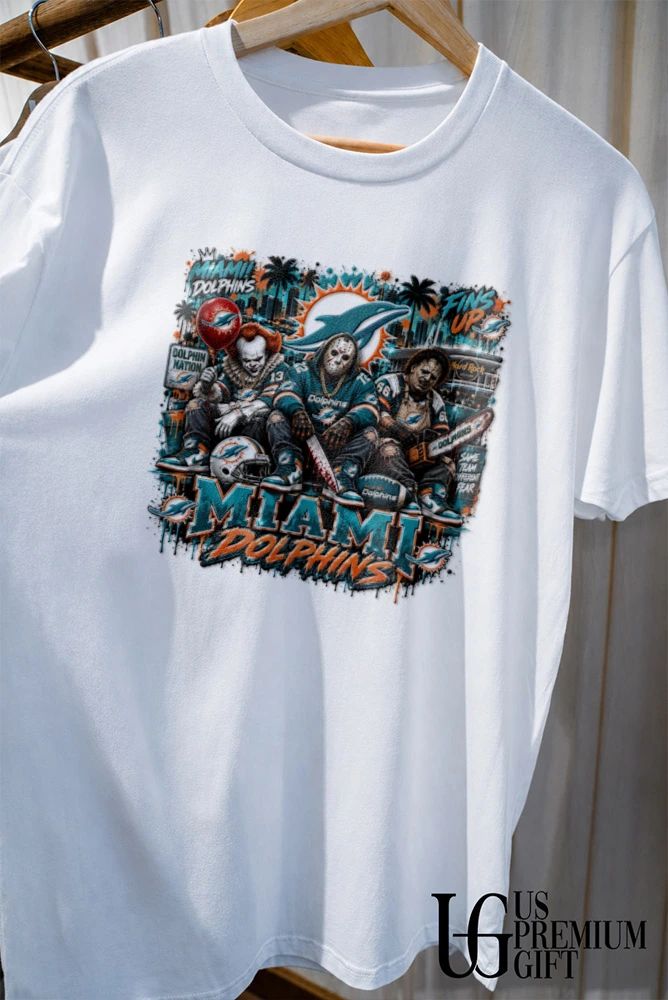 Pennywise Jason Voorhees Leatherface Miami Dolphins Fins Up Dolphin Nation Halloween shirt