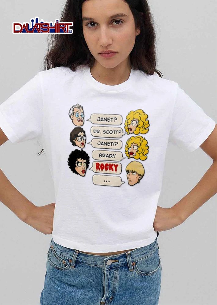 Janet Dr Scott Brad Rocky Horror Picture Show cartoon heads speech bubbles dialogue shirt