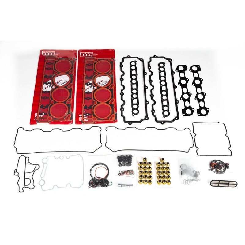 “Solid Seal” kit – Upper gasket kit w/ standard thickness head gasket and a set of 220ksi head studs (18mm 6.0 Powerstroke). CA Excl.