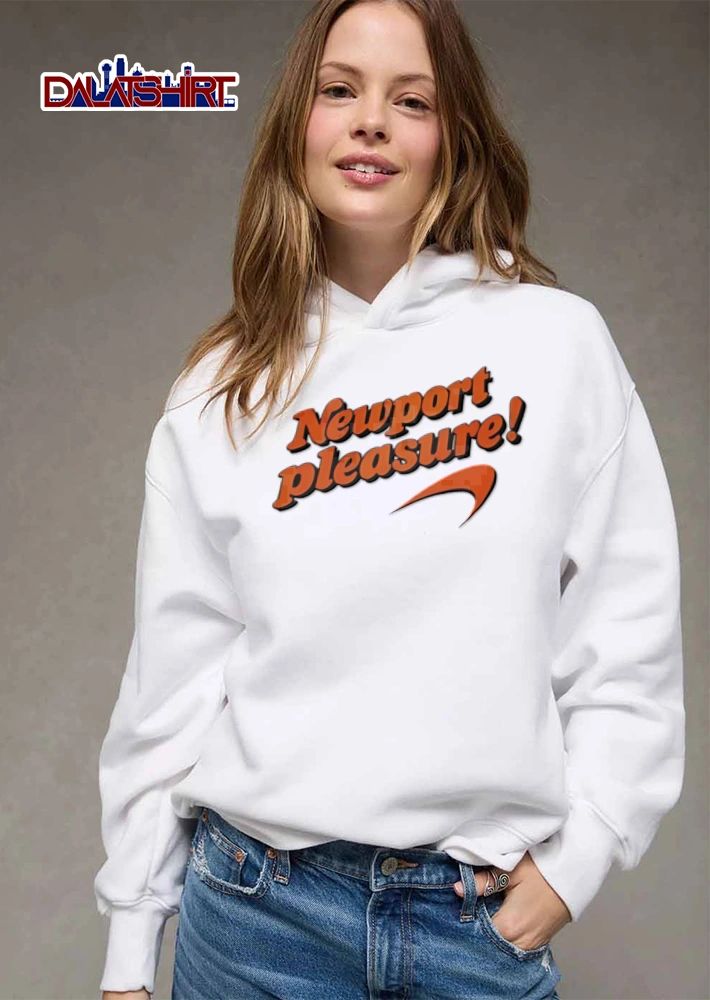 Newport Pleasure orange text swoosh logo shirt