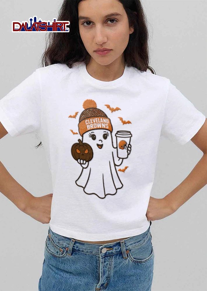 Cleveland Browns ghost wearing beanie holding pumpkin shirt