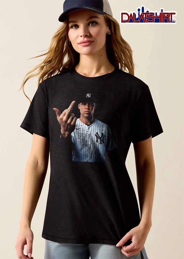 New York Yankees Aaron Judge man wearing pinstripe jersey middle finger shirt