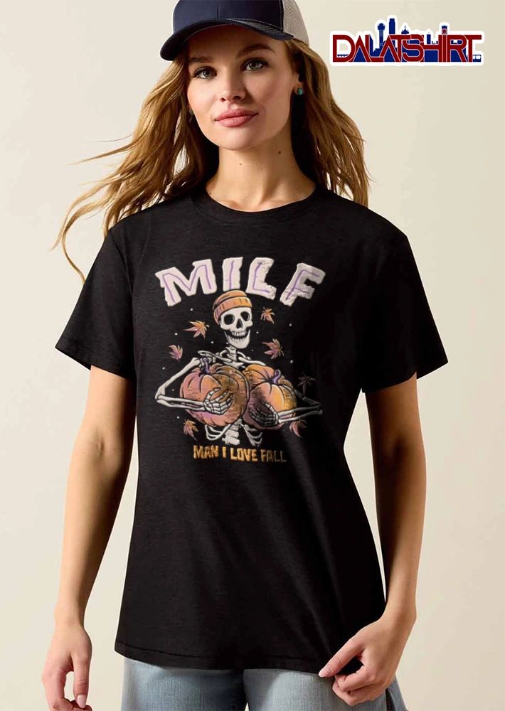 Murder Apparel Milf Man I Love Fall skeleton wearing beanie holding pumpkins leaves shirt