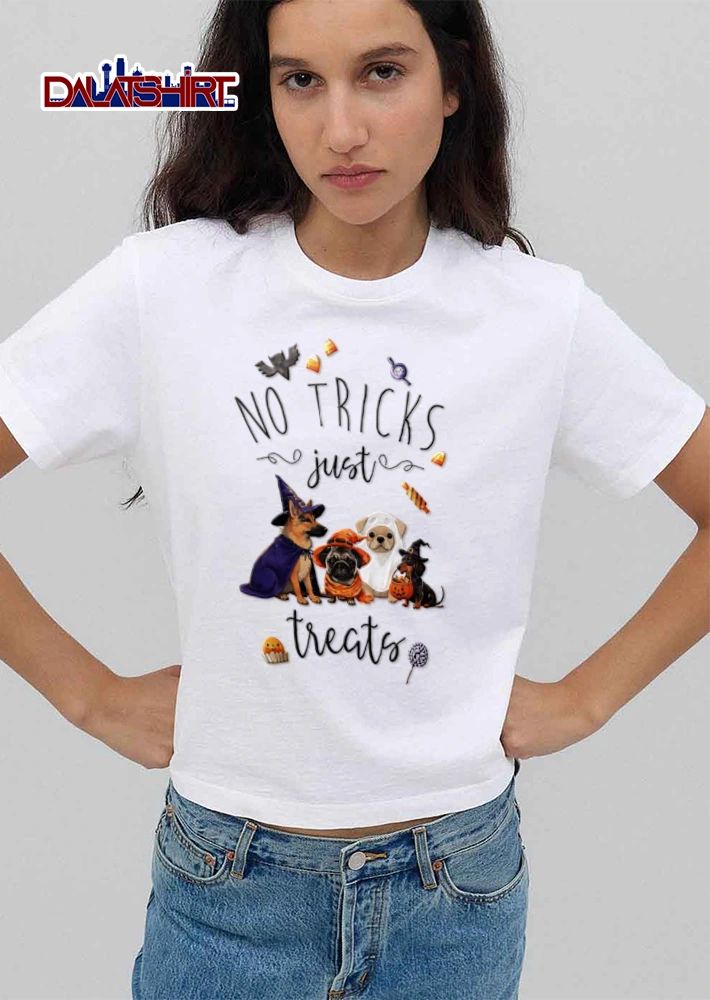 NO Tricks Just Treats four dogs wearing Halloween costumes shirt