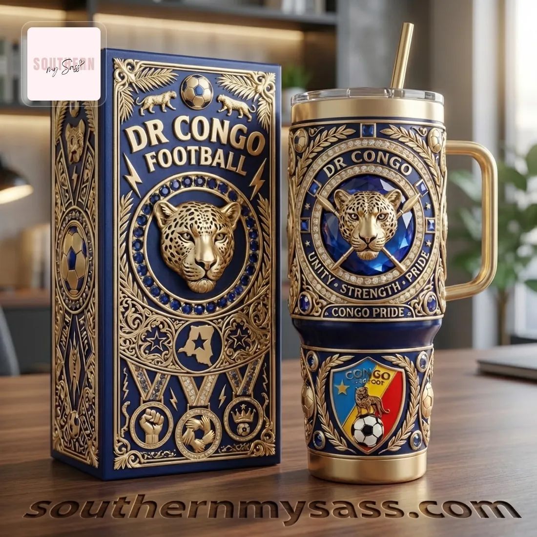 DR Congo Football Premium 3D Gold 40oz Tumbler with Handle