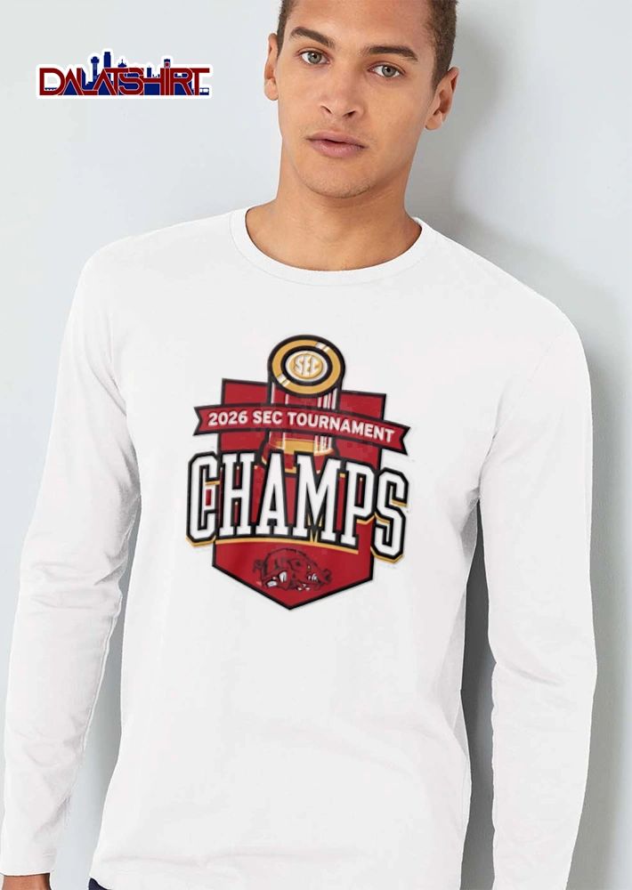 Arkansas Razorbacks 2026 SEC Tournament Champs trophy logo razorback mascot graphic shirt