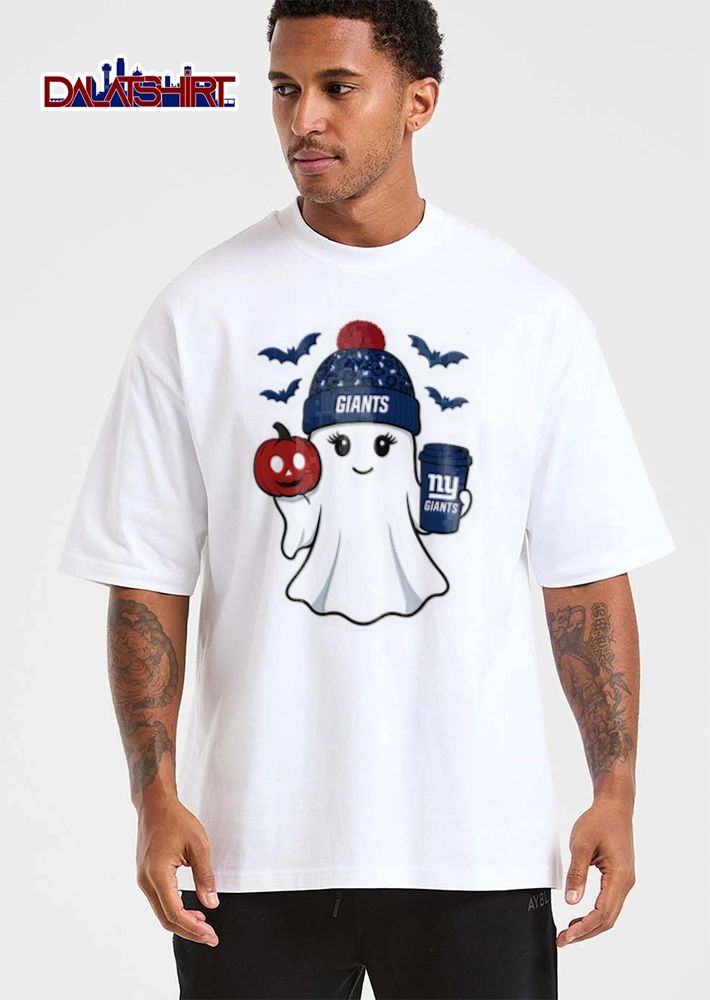 New York Giants ghost wearing beanie holding pumpkin coffee shirt