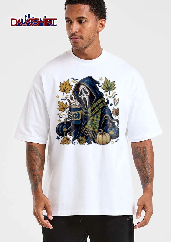 Notre Dame Ghostface holding coffee autumn leaves pumpkins shirt