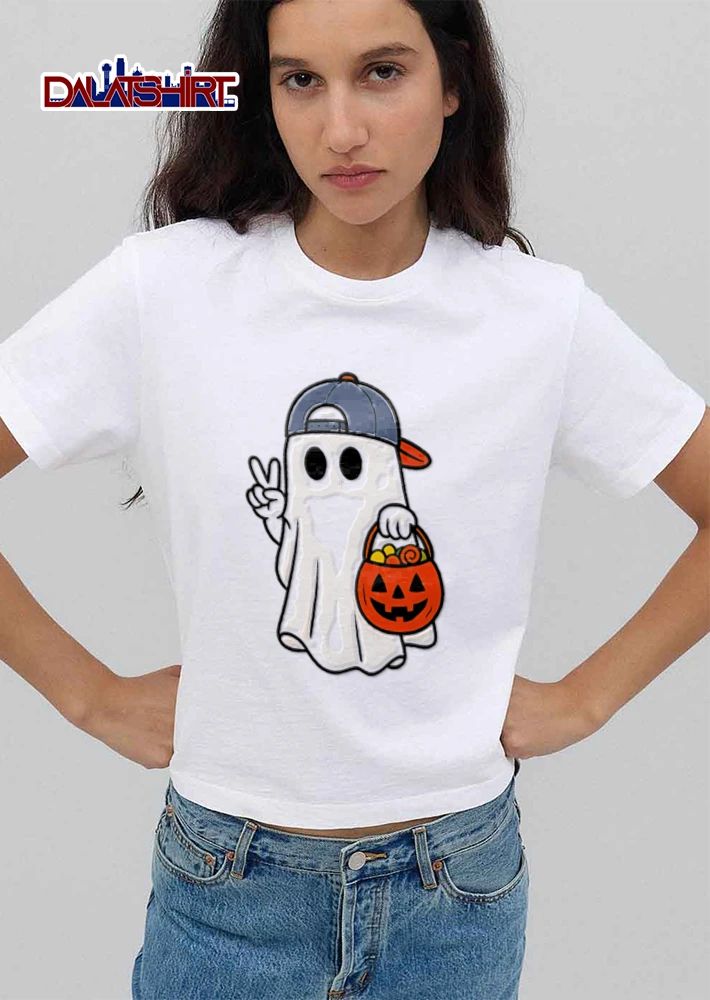 Ghost wearing cap peace sign pumpkin bucket shirt