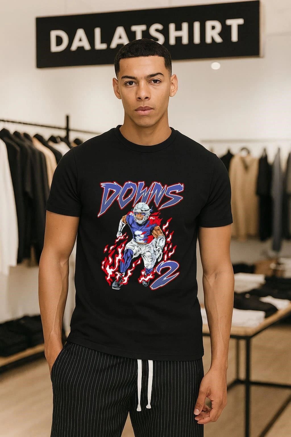 Downs 2 American Football Player Running Through Red Blue Flames shirt