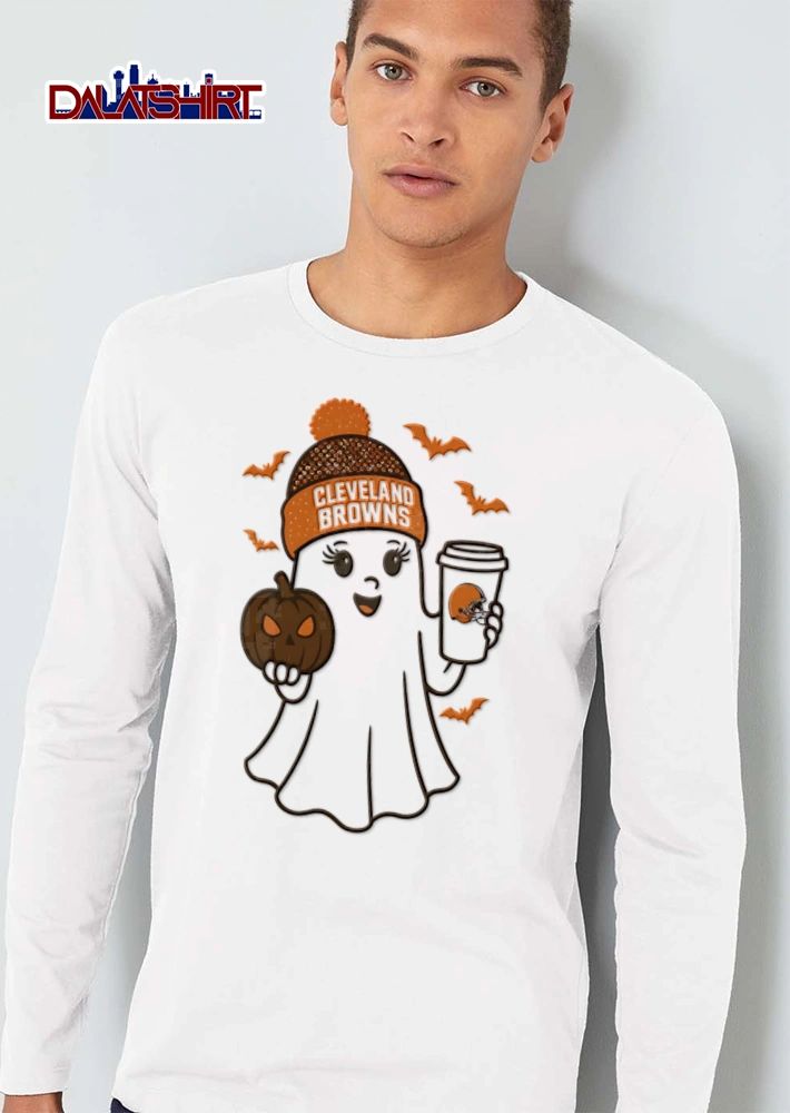 Cleveland Browns ghost wearing beanie holding pumpkin shirt