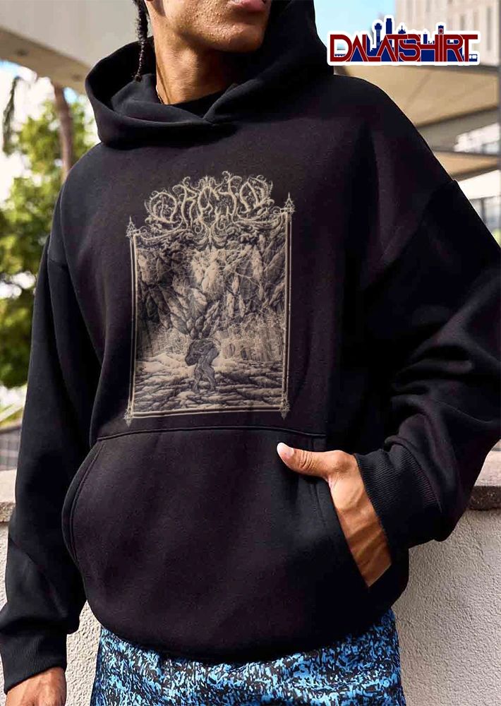 Oranssi Pazuzu figure carrying large rock landscape shirt