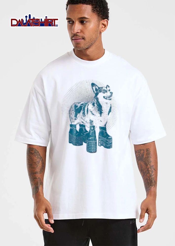Corgi wearing platform boots sunburst shirt