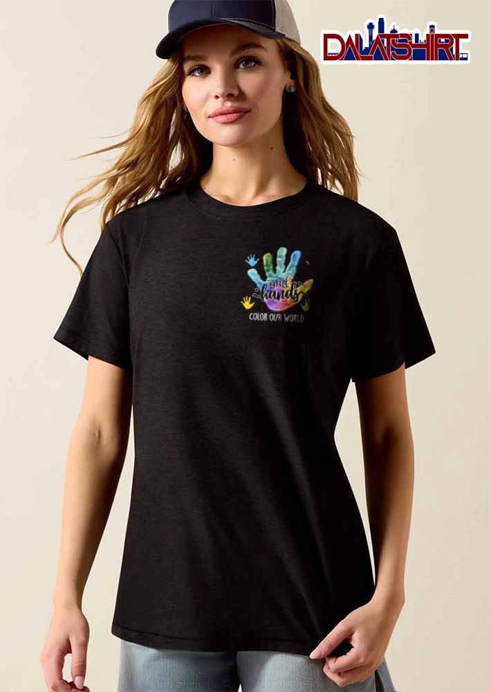 Little Hands Color Our World watercolor handprint surrounded by small handprints shirt