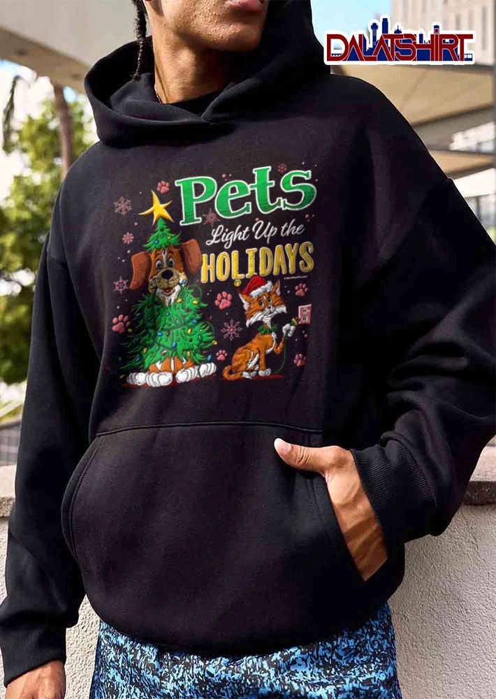 Pets Light Up The Holidays dog wrapped in lights cat plugging in shirt