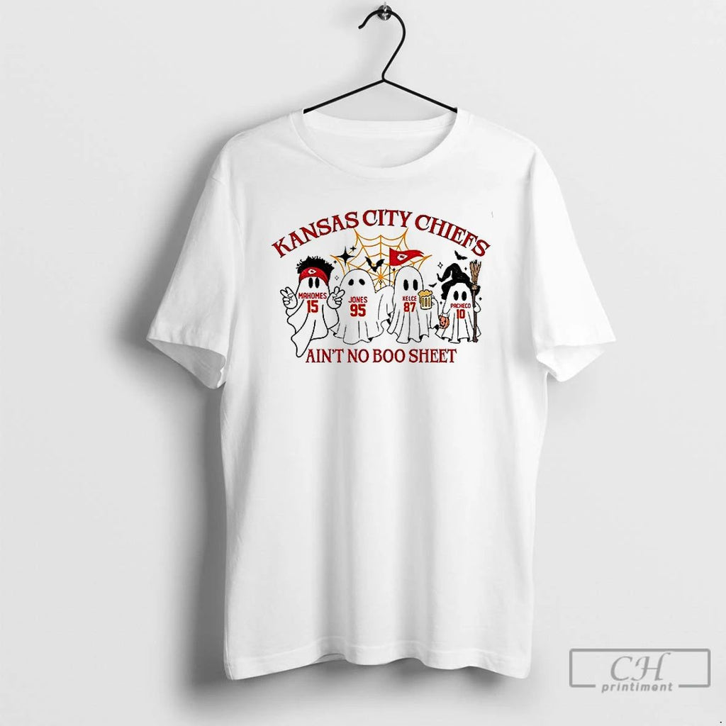 Ghost Kansas City Chiefs Mahomes Jones Kelce Pacheco Aint No Boo Sheet Halloween T Shirts