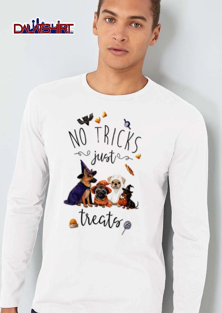 NO Tricks Just Treats four dogs wearing Halloween costumes shirt