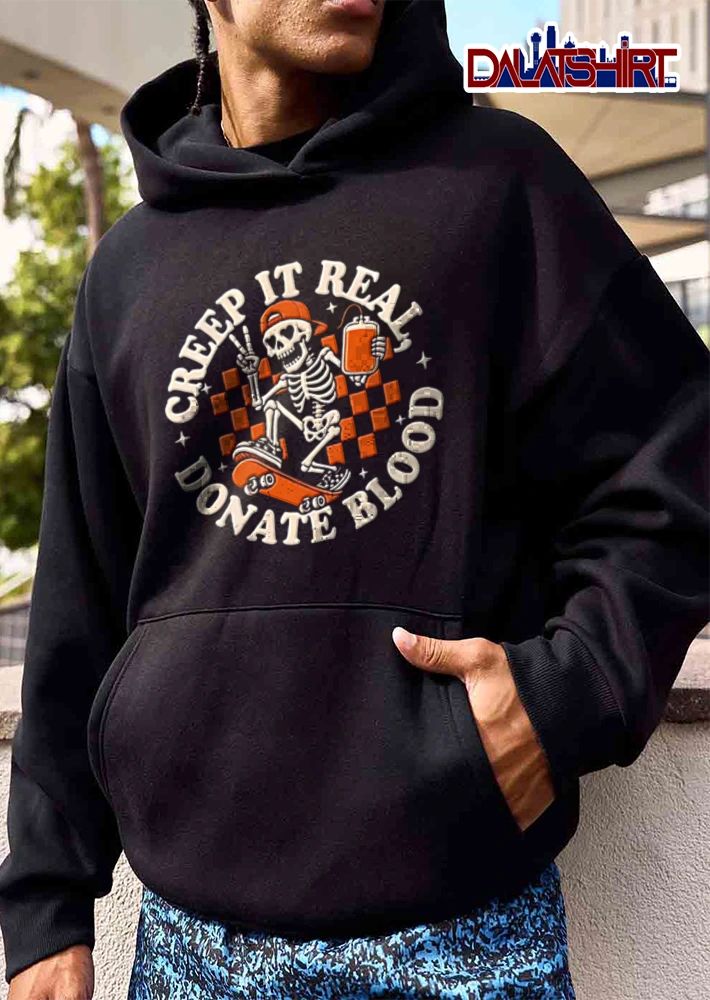 Creep It Real Donate Blood skeleton skateboarder peace sign blood bag shirt