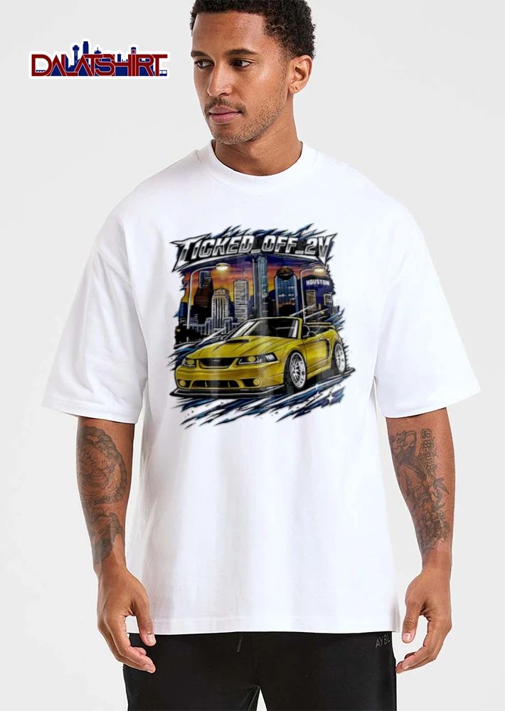 Ticked OFF 2V yellow ford mustang convertible houston skyline shirt
