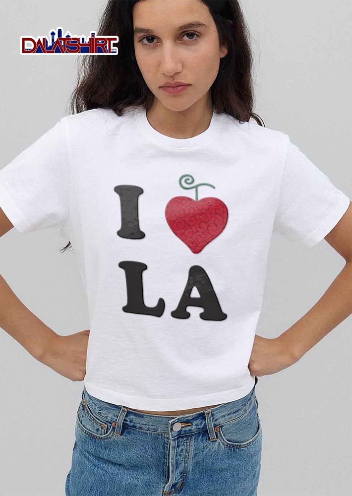 I LA Red Heart Shaped Devil Fruit Spiral Swirls Green Curly Stem shirt