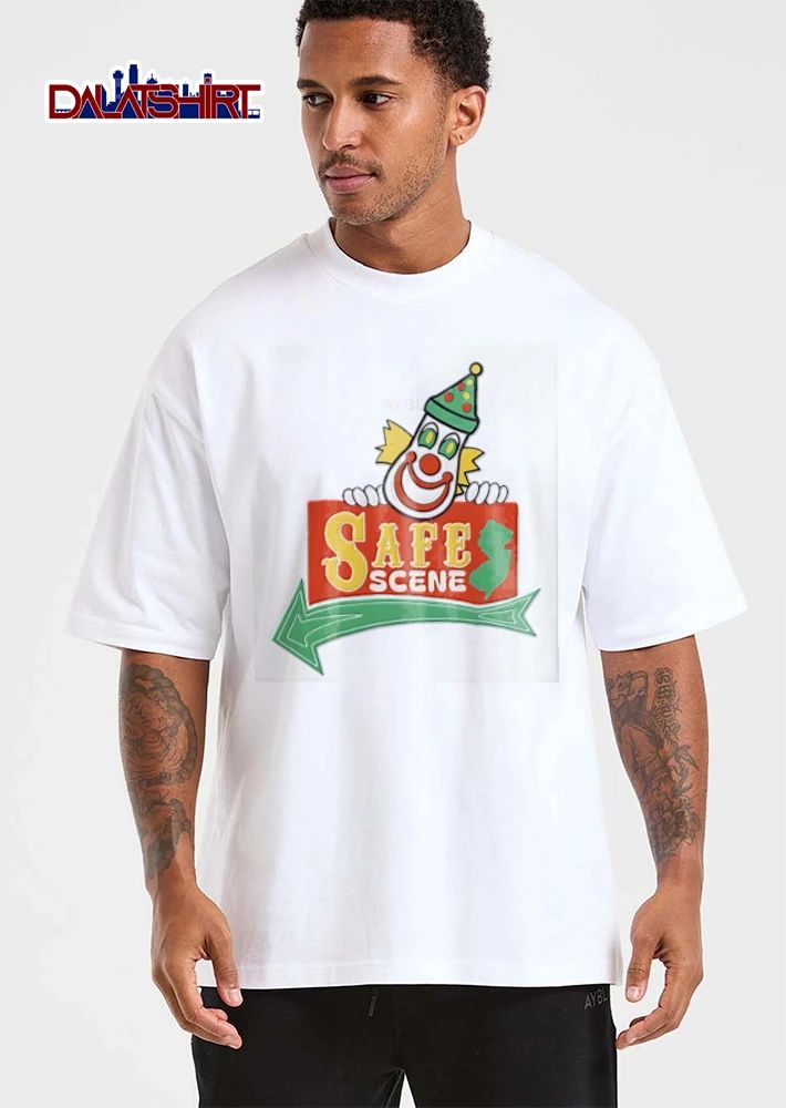 Safe Scene clown holding sign new jersey map shirt