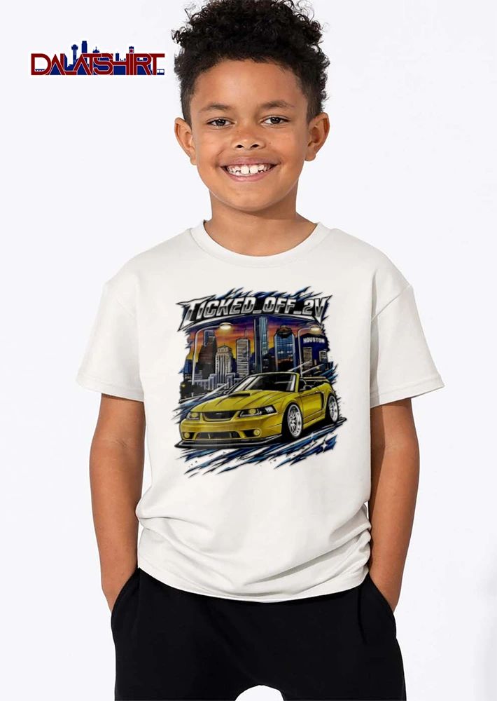 Ticked OFF 2V yellow ford mustang convertible houston skyline shirt