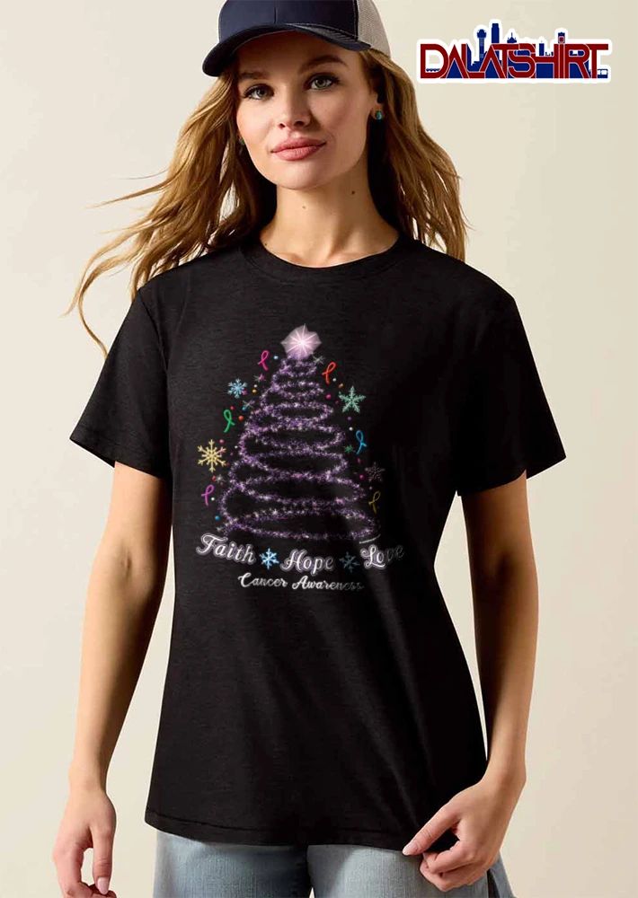 Faith Hope Love Cancer Awareness purple glitter Christmas tree ribbons snowflakes shirt