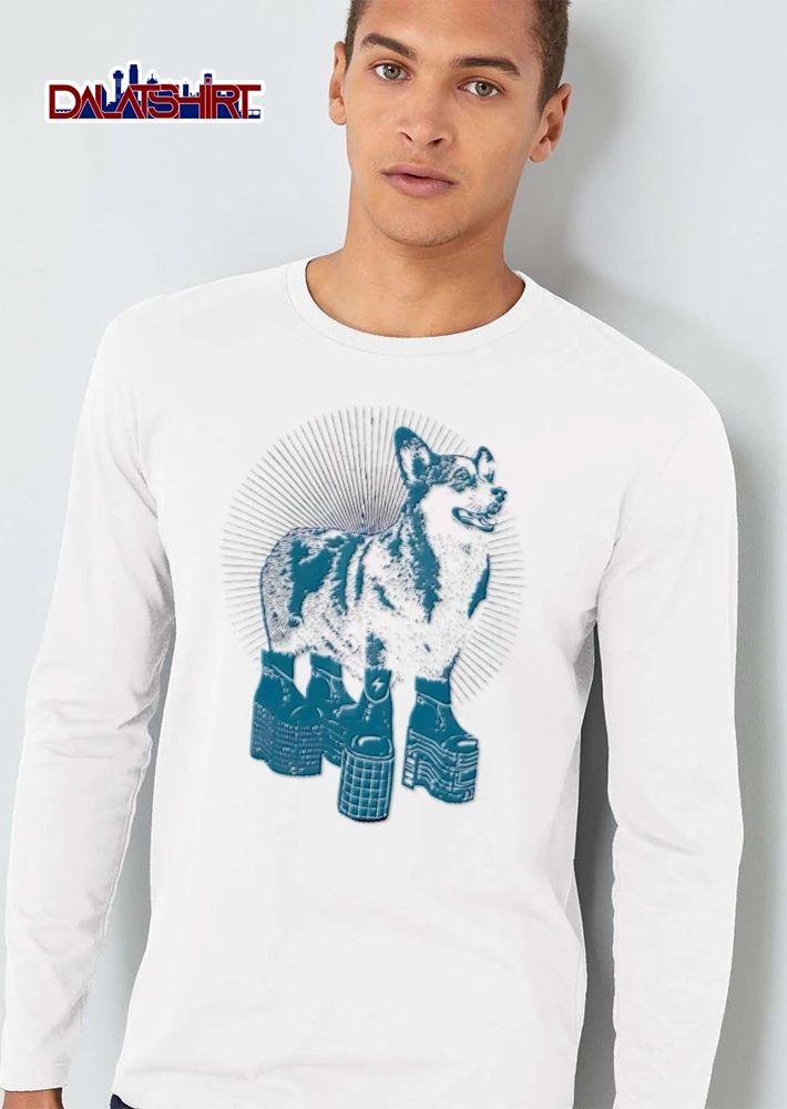 Corgi wearing platform boots sunburst shirt