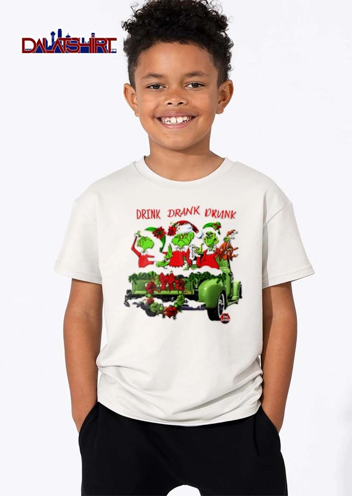 The Grinch Drink Drank Drunk three characters green truck shirt