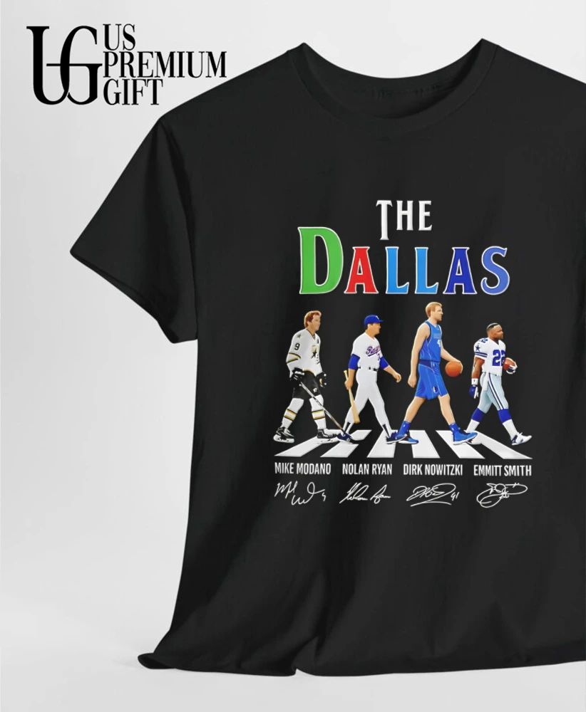 The Dallas Sports Legends Mike Modano Nolan Ryan Dirk Nowitzki Emmitt Smith abbey road signature shirt