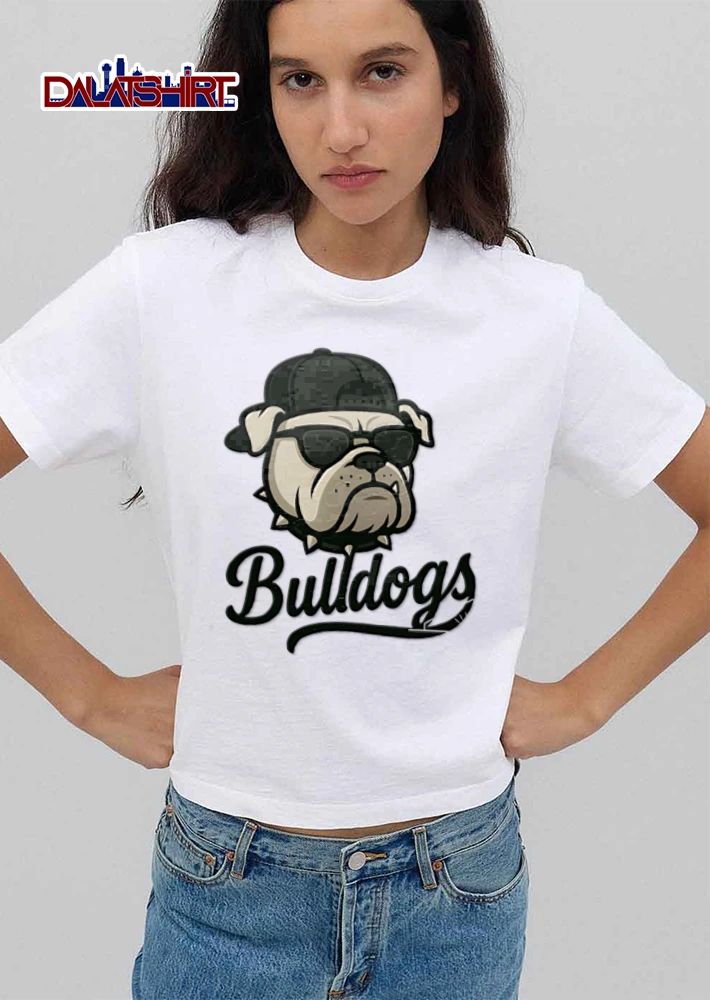 Bulldog wearing sunglasses cap spiked collar shirt