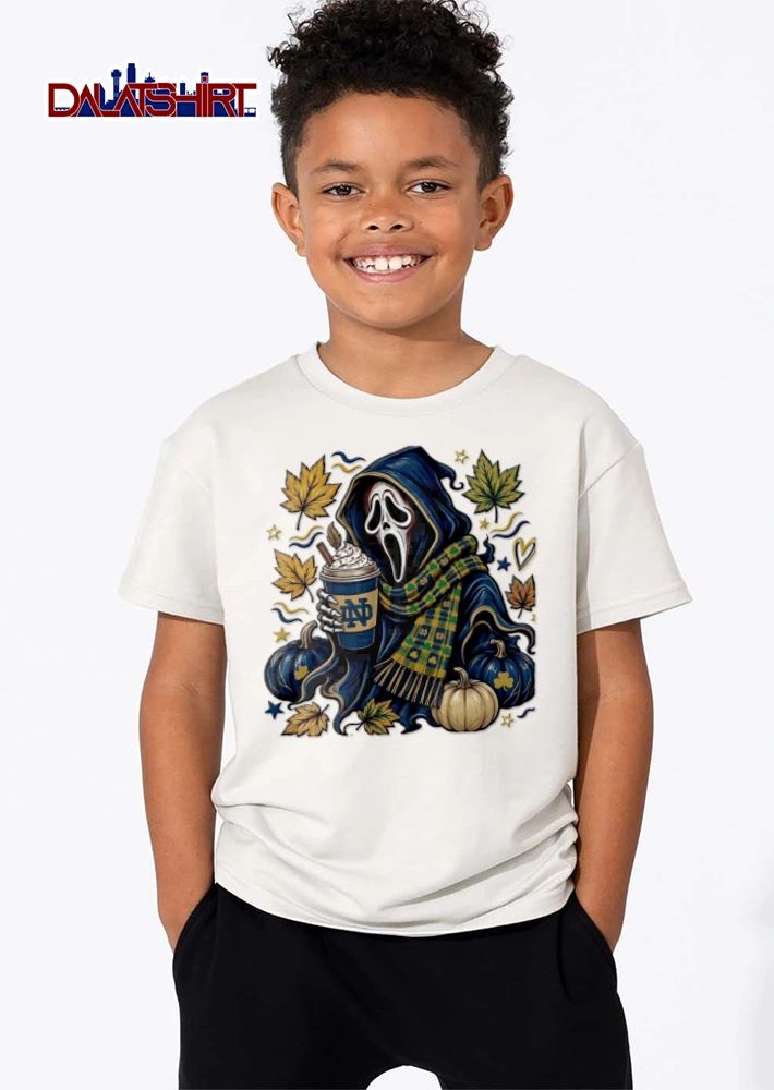 Notre Dame Ghostface holding coffee autumn leaves pumpkins shirt