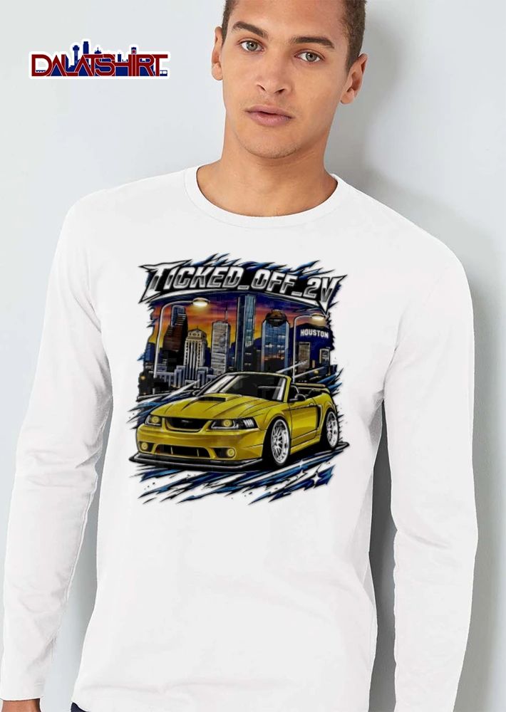 Ticked OFF 2V yellow ford mustang convertible houston skyline shirt