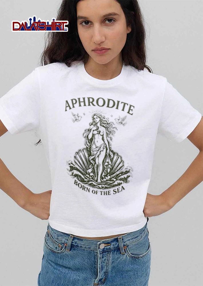 Aphrodite Born Of The Sea goddess standing in seashell doves shirt