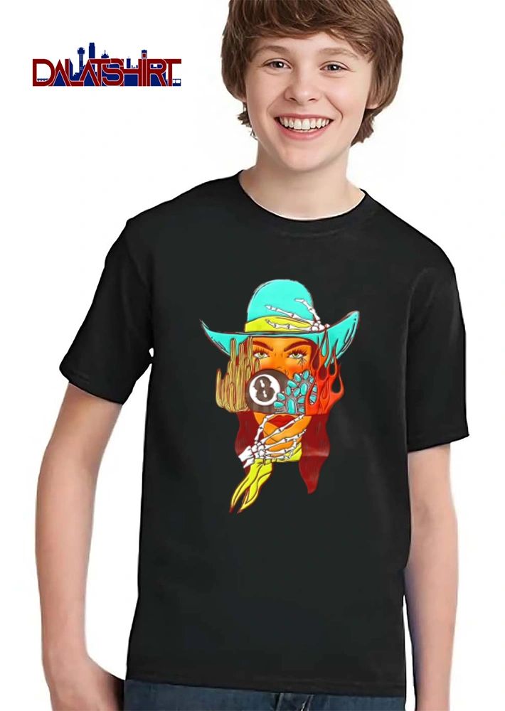 Woman cowboy hat skeleton hands cactus turquoise flames shirt