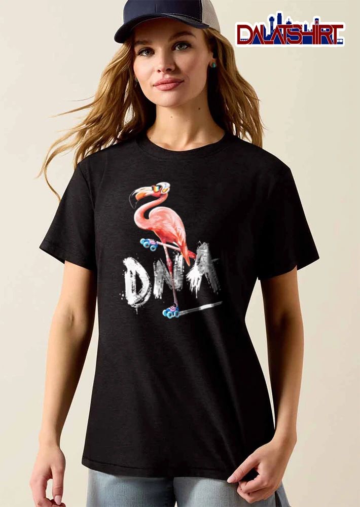 Flamingo wearing headphones rollerblading shirt