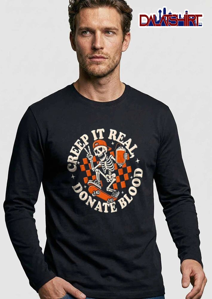 Creep It Real Donate Blood skeleton skateboarder peace sign blood bag shirt